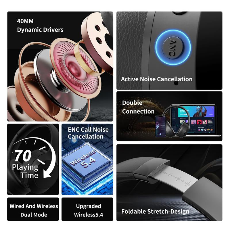 Wireless Bluetooth Headphones, Over-Ear, Active Noise Cancelling, Hi-Res Audio, 70 Hours Battery Life, Foldable Design, Lightweight and Portable, with Microphone for Ios/Pc/Android, Ideal for Home Office. Electronic Earbud Headset Black