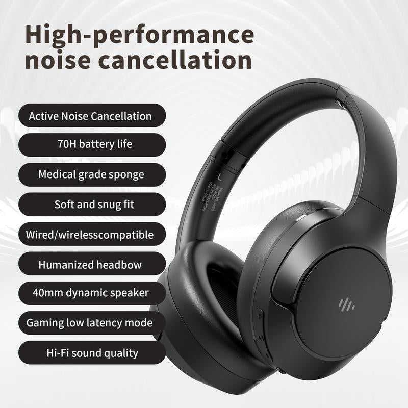 Wireless Bluetooth Headphones, Over-Ear, Active Noise Cancelling, Hi-Res Audio, 70 Hours Battery Life, Foldable Design, Lightweight and Portable, with Microphone for Ios/Pc/Android, Ideal for Home Office. Electronic Earbud Headset Black