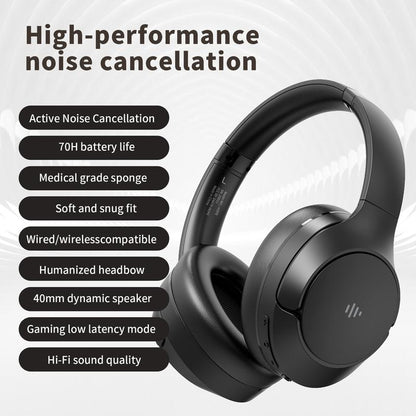 Wireless Bluetooth Headphones, Over-Ear, Active Noise Cancelling, Hi-Res Audio, 70 Hours Battery Life, Foldable Design, Lightweight and Portable, with Microphone for Ios/Pc/Android, Ideal for Home Office. Electronic Earbud Headset Black
