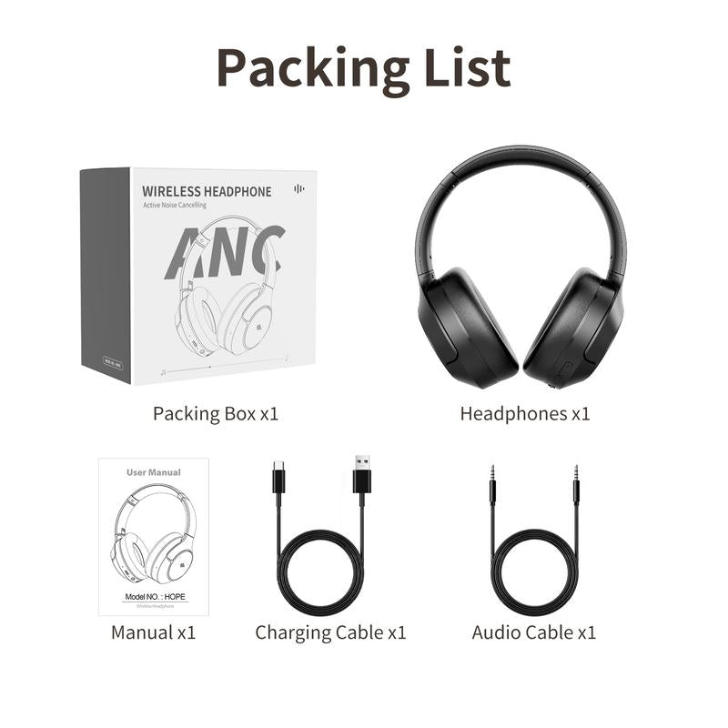 Wireless Bluetooth Headphones, Over-Ear, Active Noise Cancelling, Hi-Res Audio, 70 Hours Battery Life, Foldable Design, Lightweight and Portable, with Microphone for Ios/Pc/Android, Ideal for Home Office. Electronic Earbud Headset Black